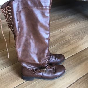 Brown Leather Lace Boots at Knee Length